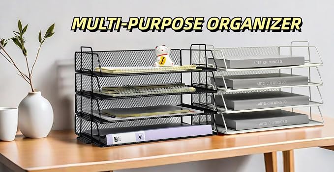 YFS A4 Mesh Letter File Folder Holder, Paper Organizer Letter Tray with Handle, 4 Tier Stackable Letter Tray, Document Organizer, Office Decor (A4,Horizontal,White, 4 Tier) - Image 6