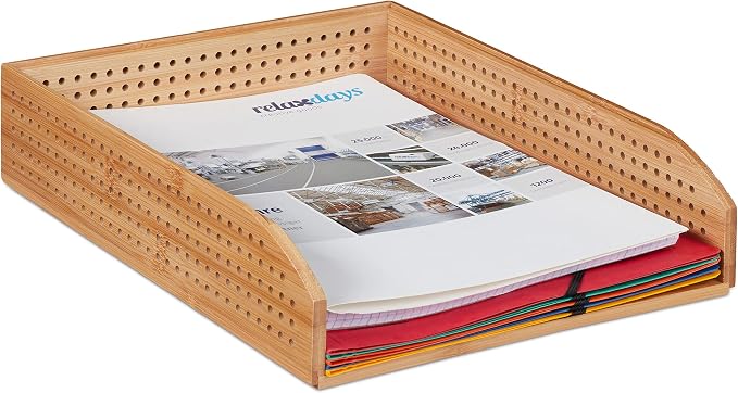 Bamboo Letter Tray, Set of 5, Perforated, Stackable, A4, Office Storage, Study, 7 x 25 x 13 cm, Natural by Relaxdays