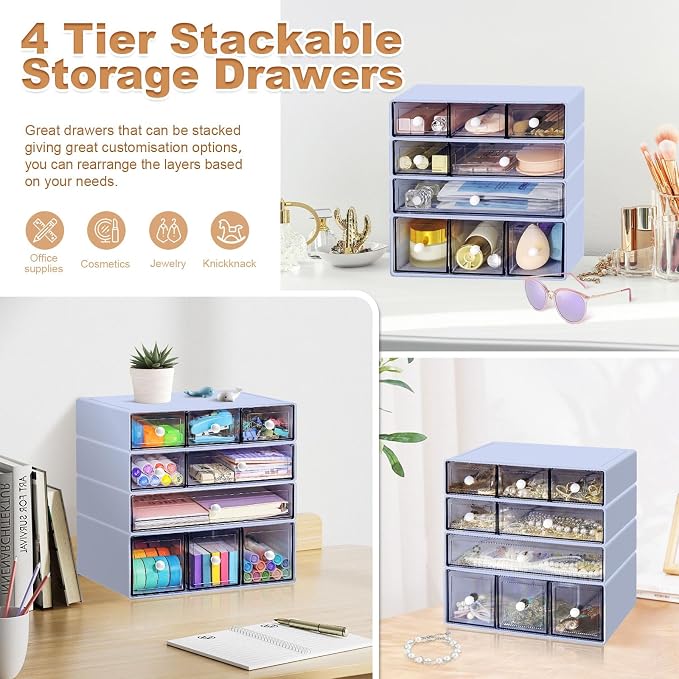 Desk Organizer with 9 Drawers, 4 Tier Plastic Stackable Storage Drawers for Desk Storage, Office Stationary Makeup Organizer Suit for Home Office and School - Image 6