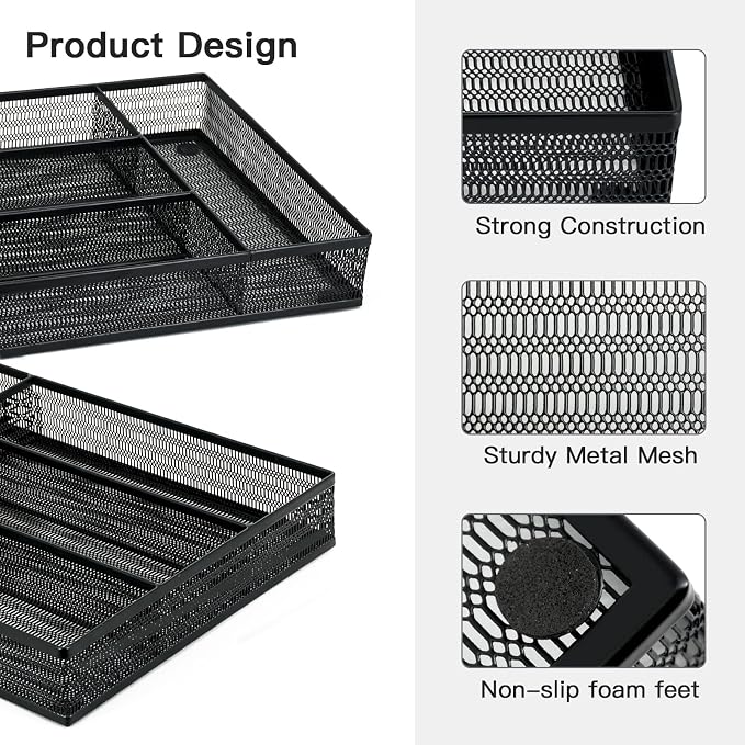 Neudeco Drawer Organizer Set, Black Mesh, 6 Pack | 5-Compartment Silverware Organizer Tray, 5 Utensil Trays, For Flatware, Cutlery, Office Supplies, Non-Slip - Image 5
