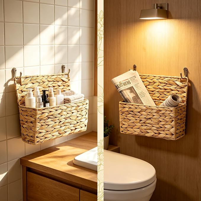2PCS Woven Mail Holder Wall Mount Basket – Water Hyacinth Magazine Holder Wall Basket, Wicker Mail Organizer Wall Mount for Office, Books, Files, Letters & Entryway Decor, Hooks Included - Image 7