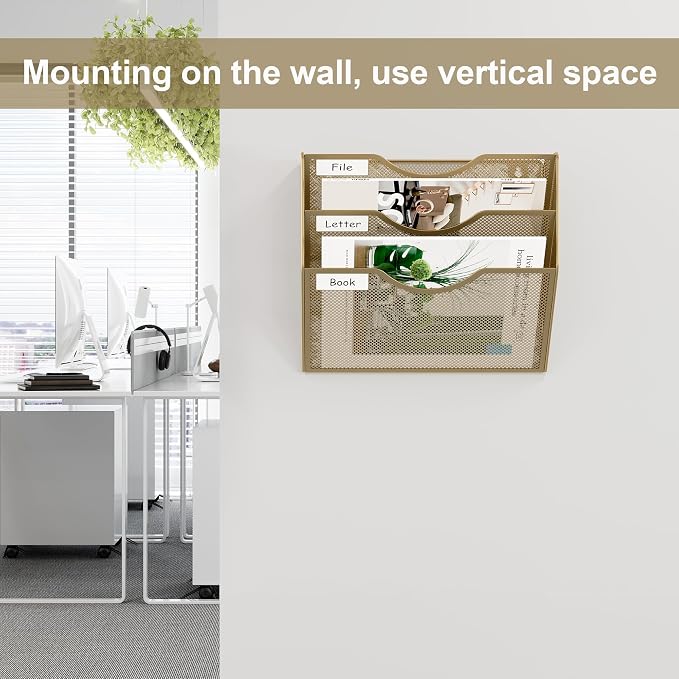 EasyPAG 3 Pocket Mesh Wall File Organizer, Hanging Paper Folder Holder with Classify Label, Vertical Wall Mount Mail Organizer for Office Home Classroom, Gold - Image 4