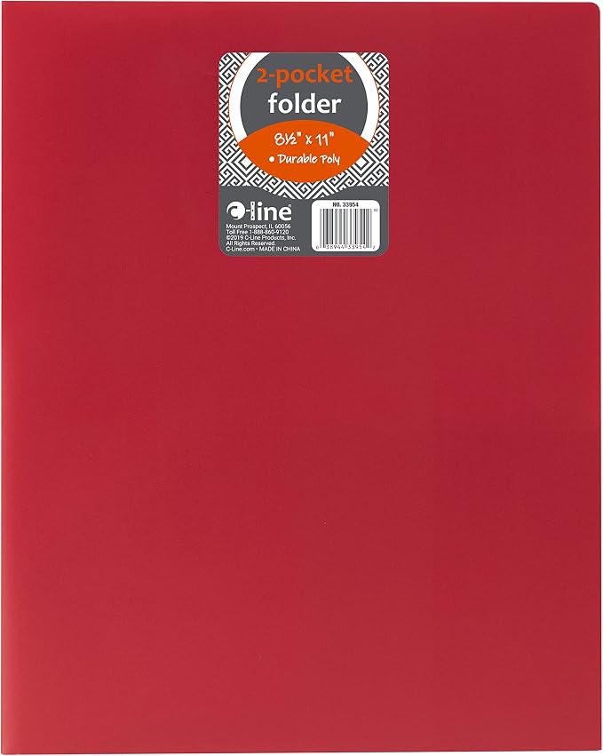 C-Line Two-Pocket Heavyweight Poly Portfolio, For Letter Size Papers, Includes Business Card Slot, 1 Case of 25 Portfolios, Red (33954-25) - Image 2