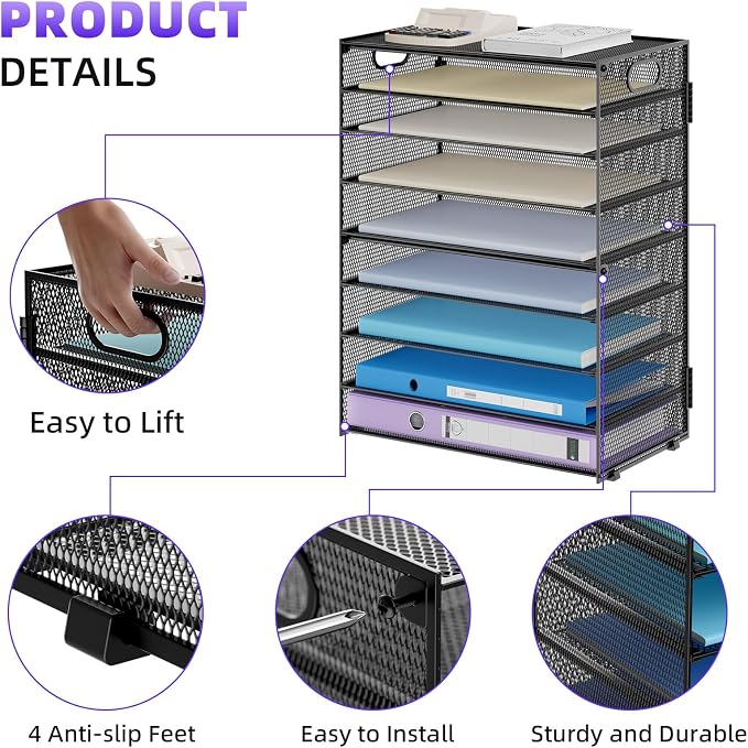 Marbrasse Paper Organizer Letter Tray, 9 Tier Mesh File Organizer with Handle, Paper Sorter Desk Organizer for Home Office Supplies - Image 4