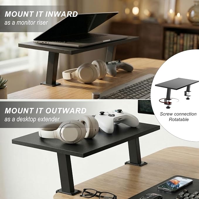 15-Inch Desktop Clamp-on Shelf & Monitor Riser, 2-in-1 Reversible Design – Fits Either Side of Desk, C-Clamp for Stability, Holds 44 lbs, for Gaming PC, Console & Office Setup - Image 5