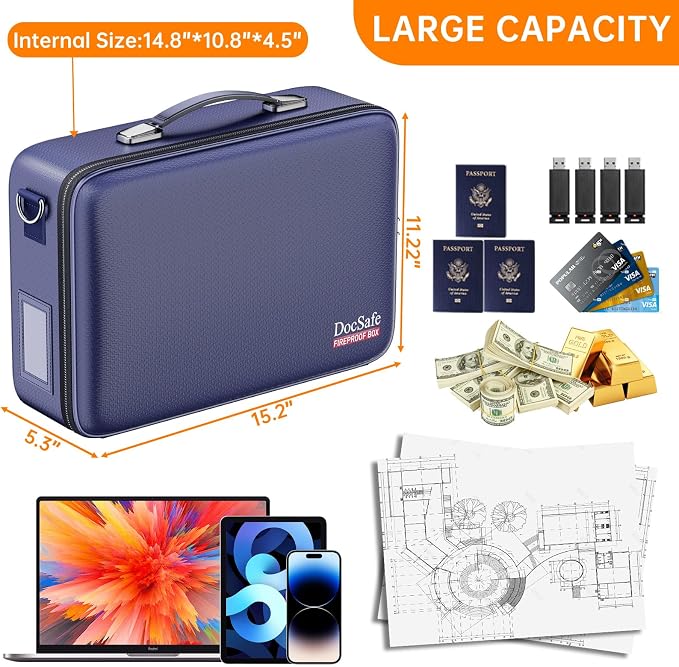 DocSafe Fireproof Document Box Hard Case with Lock ＆ Accordion File Folder | Fire and Water Resistant Safe Box,File Organizer,Multi-Pocket,Home Office Travel Storage for Important Document,Laptop,Blue - Image 5