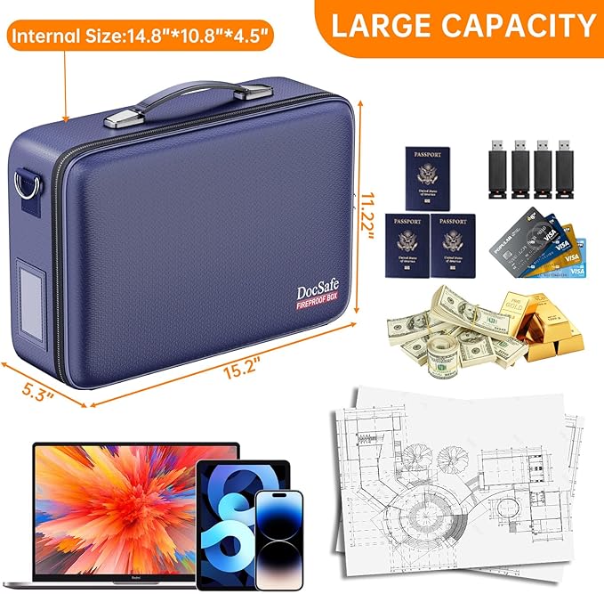 DocSafe Fireproof Document Box with Lock＆Shoulder Strap,Hard Case File Organizer with Accordion File Folder,Multi-Layer Portable Home Office Travel Safe Storage for Important Documents Laptop Blue - Image 5
