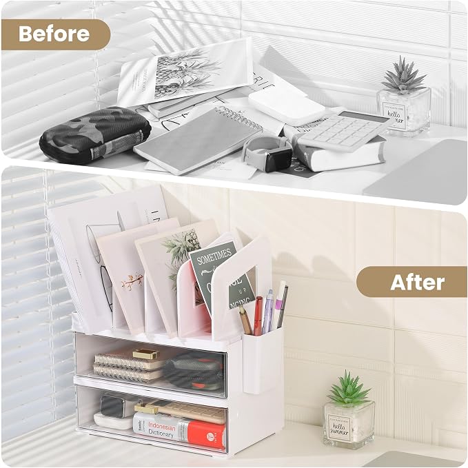 LALOBLUE Acrylic Desk Organizer with Drawer and Vertical File Holder, Desk Organizers and Accessories, Multi-Functional Office Supplies Organizer for Home or Work Desk, White - Image 5