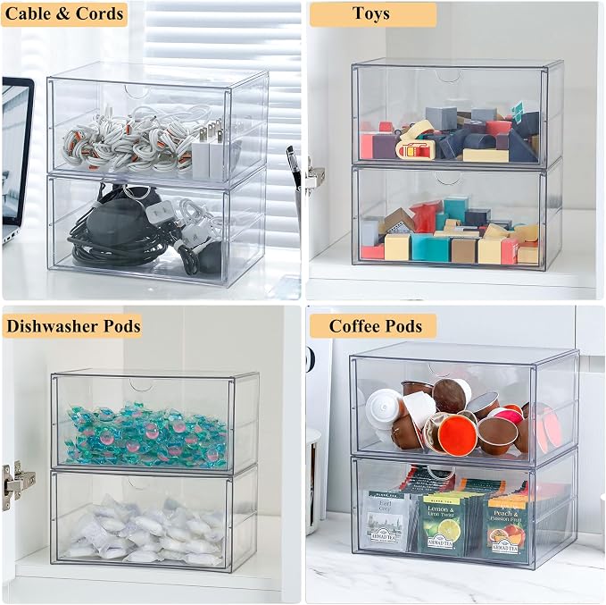 Clear Plastic Drawer Organizer, 2 Pack, 2 Drawers | Stackable, For Office Supplies, For Marker Pen, For Art Crafts & Stationery, For Coffee Pods - Image 6