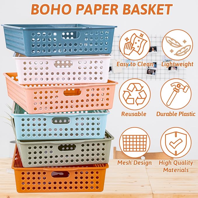 12 Pcs Plastic Classroom Storage Basket Bulk 14 x 10 In Turn in Paper Trays for Classroom A4 Size Colorful Storage Organizer Bin with Handles Stackable Container for Playroom Home Office School Supply - Image 4