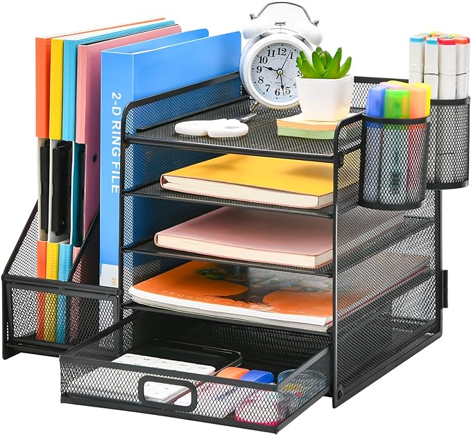 Marbrasse Desk Organizer with File Holder, 5-Tier Paper Letter Tray Organizer with Drawer and 2 Pen Holder, Mesh Desktop Organizer and Storage with Magazine Holder for Office Supplies(Black) by Marbrasse