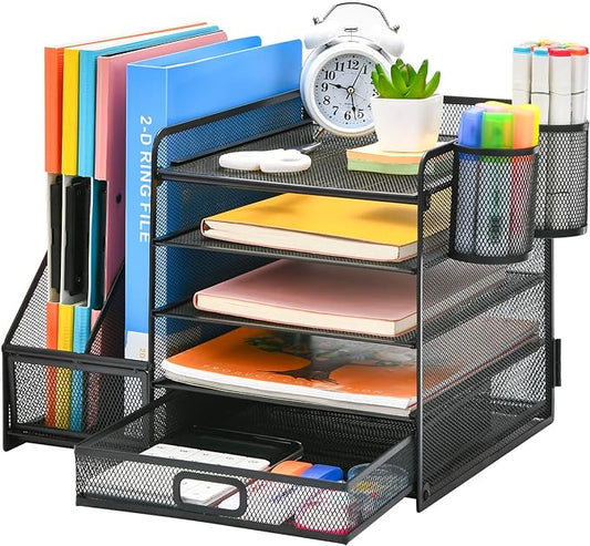 Marbrasse Desk Organizer with File Holder, 5-Tier Paper Letter Tray Organizer with Drawer and 2 Pen Holder, Mesh Desktop Organizer and Storage with Magazine Holder for Office Supplies(Black) by Marbrasse