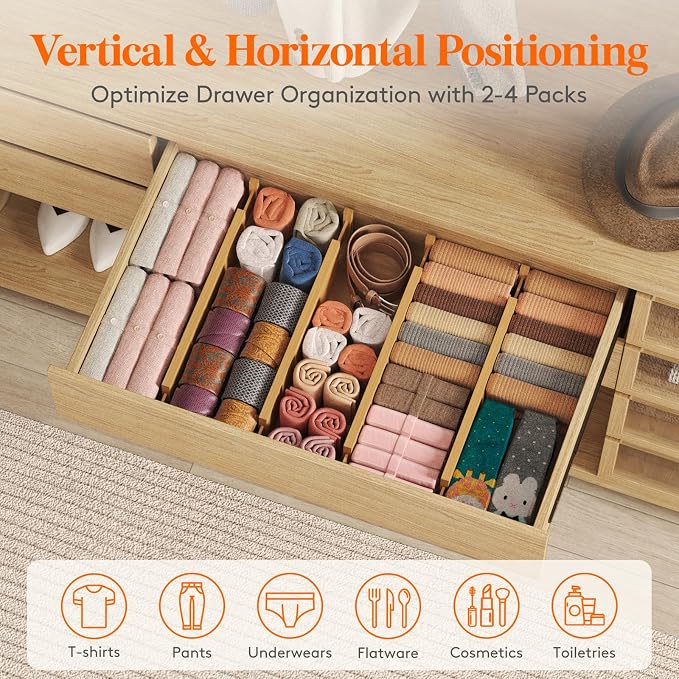 Lifewit 4" High 8 Pack Bamboo Drawer Dividers 43-54cm/17-21.5" Adjustable Wooden Drawer Organizer for Clothes/Utensils, Expandable Drawer Separator for Dresser/Kitchen/Bedroom/Office Organization - Image 4