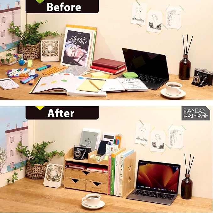 Pandorama Bamboo Desk Organizer Large - A4 Drawers & Adjustable File Holder, Fully Assembled Wood Desktop Storage for Kitchen, Bedroom, Bathroom, Study Room - Image 6