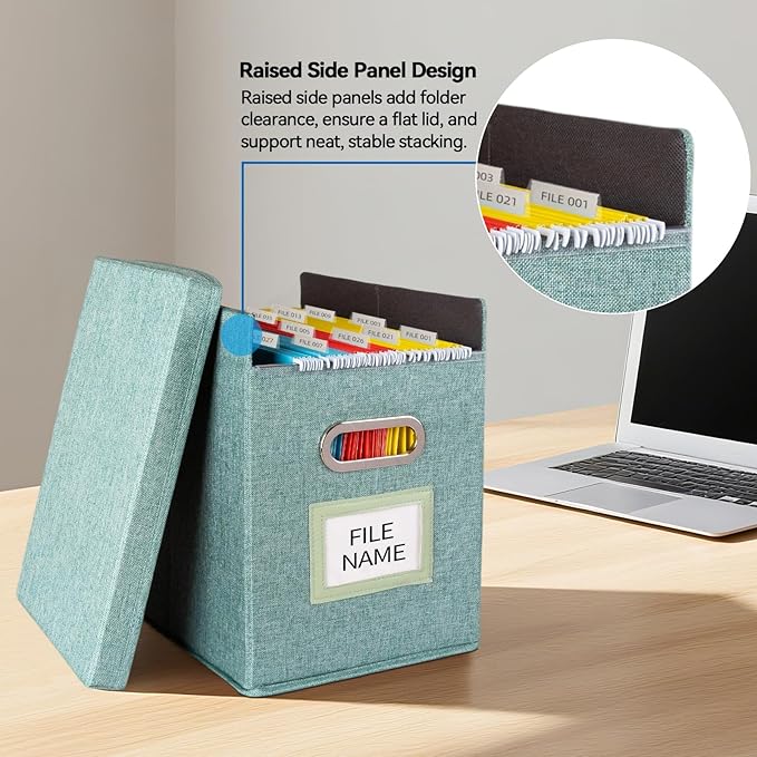 2 Pack Hanging File Folders Organizer with Lid, Letter Size Fabric File Storage Box Collapsible, Portable Office Document Holder with Metal Handle, Smooth PVC Rails, Green - Image 4