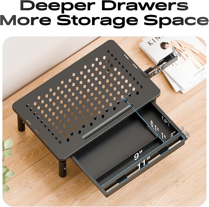Computer Monitor Stand Riser with Storage, 3 Height Adjustable Laptop Desktop Monitor Stand with Drawer, Metal Short Printer Table, Stand Riser for Desk, Office Desk Organizers and Accessories, 2 Pack - Image 3