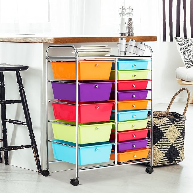 Moccha 15-Drawer Rolling Storage Cart - Under Desk Storage Drawers with wheels for Craft Art Supply Paper Salon, Scrapbook Paper Tools, Mobile Utility Cart for Classroom (15 Drawers, Multicolor) - Image 7