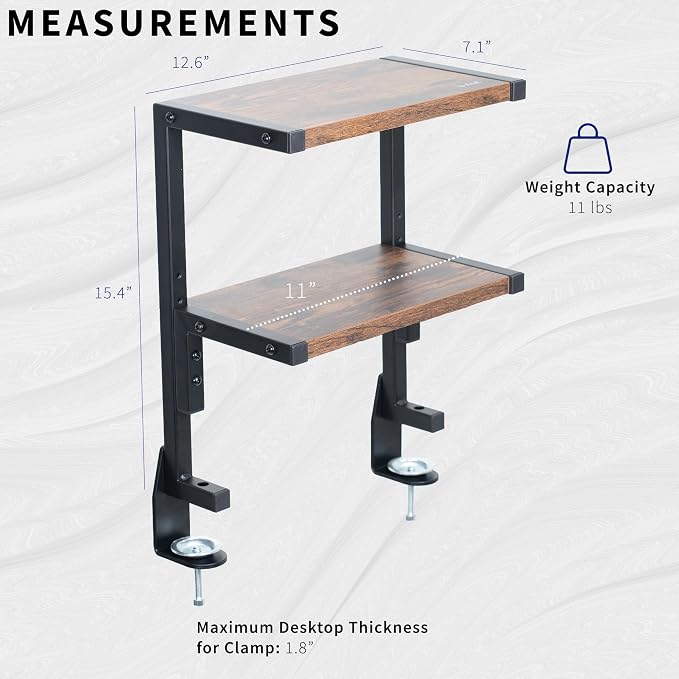 VIVO Vintage Brown Clamp-on 13 inch 2-Tier Desk Shelf, STAND-SHELF2C-N | Above or Below Desk, Rustic 2 Level Shelving Unit for Table Accessories Gaming Devices & More, Storage Tray Desktop Organizer - Image 3