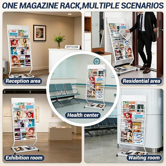 4-Tier Rolling Magazine Rack, Floor Standing Brochure & Literature Display Stand, 23.4" Wide, White - Image 7