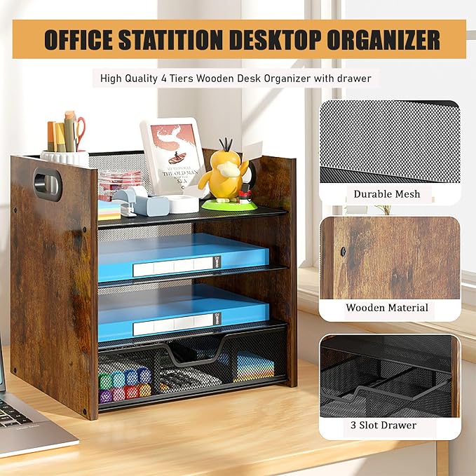 Desk Organizer - 4 Tier Desktop File Organizer with Drawer, Wooden Paper Tray Organizer, Office Desk Accessories Organizer for Papers, Mail, Notebooks, Stationery - Image 5