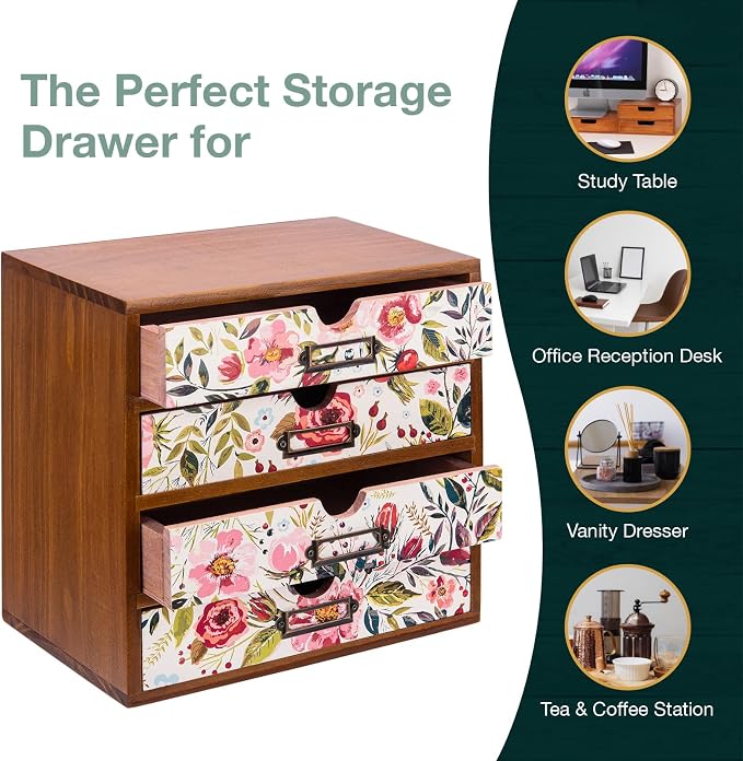 4-Drawer Vintage Desk Wood Storage Box With Drawers in Floral Chintz - Wooden Table Organizer I End Clutter & Dullness, Personalize Your Workspace - Beautiful Flower Design for Office & Home - Image 6