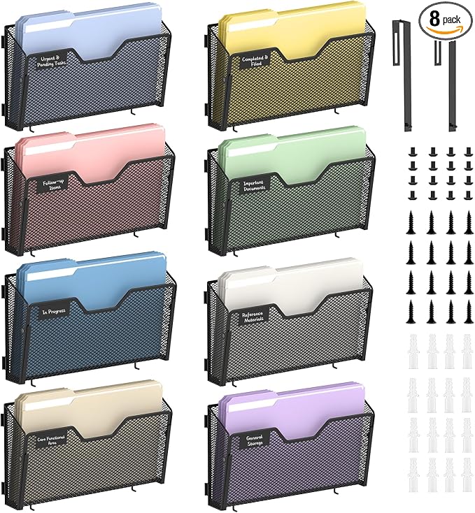 Wall File Organizer, 8 Pack Metal Wall File Holders, Black | Wall organizer with mesh pockets, label panels and hook or screw mounting for A4 and letter files at home, office or school by Unknown