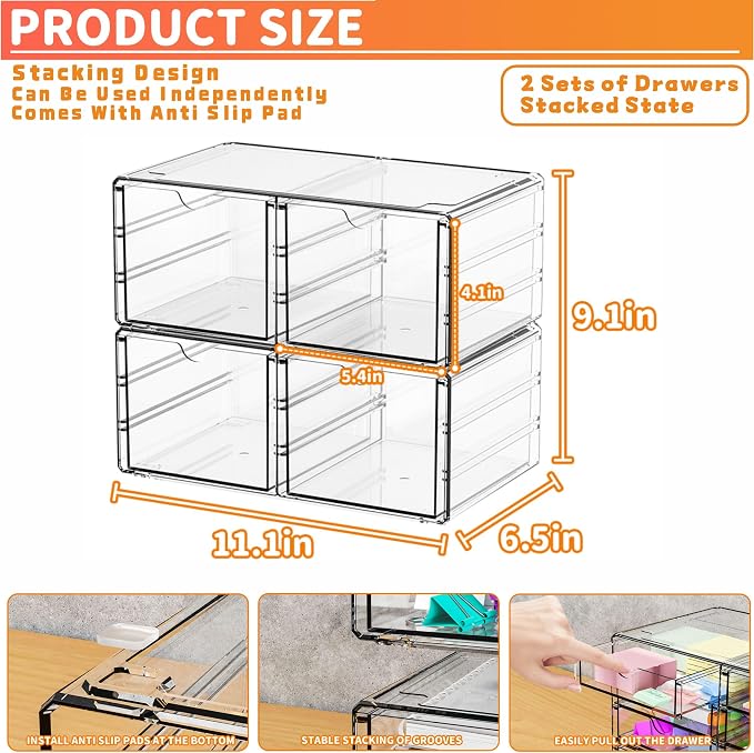 2 Pack Acrylic Storage Drawers With 4 Drawers,Stackable Desk Organizers and Makeup Organizer,Large Clear Office Supplies Organizer for Pen,Medical,Art Craft,Stationery Organizer for Countertop - Image 3