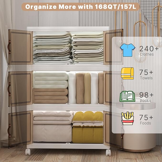 504QT Stackable Storage Bins with Lids, Doors & Wheels | Closet Organizers and Storage Cabinet , Lockable Plastic Foldable Drawers for Bedroom Dorm Office Garage（168QT*3,White） - Image 3