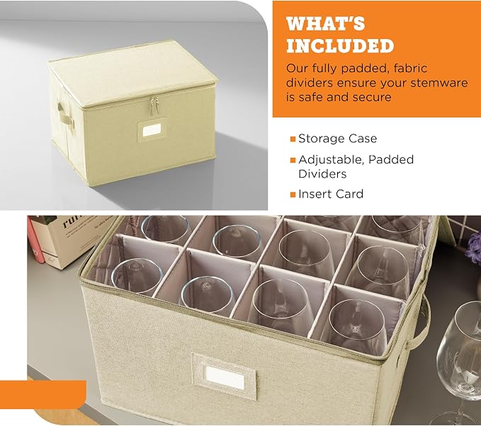 Wine Glass Storage Case | Hard Shell Felt Dividers | Cream | Hard Shell Case Holds 12 Wine Glasses In 4x4 Felt Compartments. Stackable, Top-Load, Label Tag. Cream Linen Finish. - Image 4