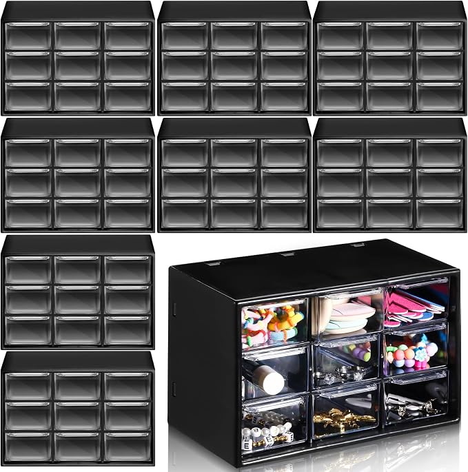 Rtteri 9 Pieces Mini Drawer Organizer Plastic Desktop Storage Box Desk Craft Organizer with 9 Clear Drawers for Office Home Jewelry Small Parts Belongings Cosmetics Collection, Wall Mounted (Black) by Rtteri