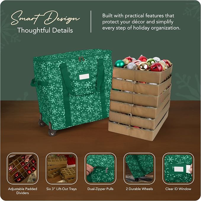 Covermates Keepsakes Rolling Adjustable Ornament Storage Bag – Heavy-Duty Polyester, FlexGrid Trays & Padded Dividers – Protective Holiday Organizer with Wheels, Handles & ID Window, Green Snowflake - Image 4