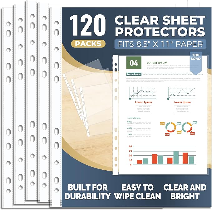 Pauuooa 120 Pack Clear Sheet Protectors 8.5 × 11 Inch, Plastic Page Sleeves for 3 Ring Binder, Transparent Letter‑Size Document Covers, Top Loading, for Paper Documents, Home, School and Office Use by Unknown