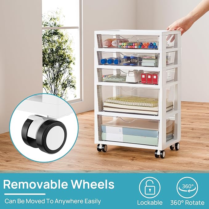 Vtopmart 5-Tier Plastic Drawer Storage Rolling Cart with Wheels | Clear Drawers with Multiple Sizes Keep Supplies visible. Sturdy for Under Desk, Office, Makeup , Crafts & Art Storage - Image 6