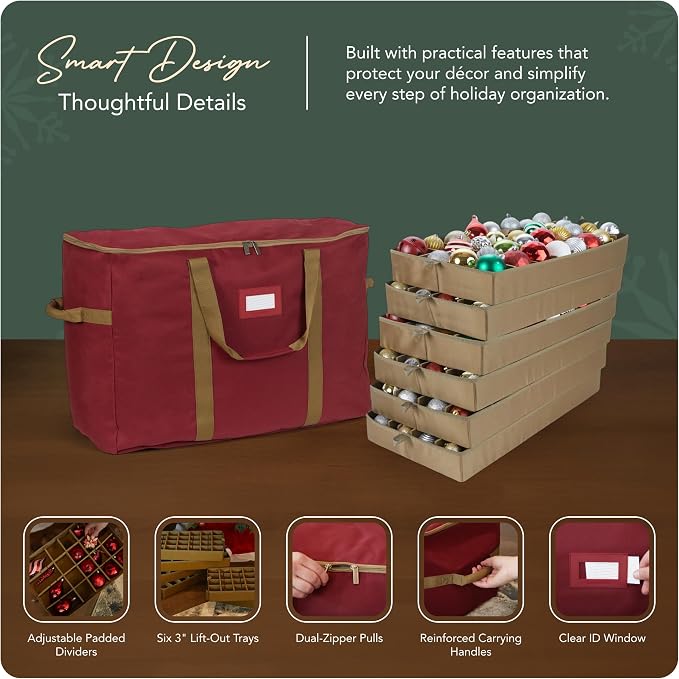Covermates Keepsakes Adjustable Ornament Storage Bag – Heavy-Duty Polyester, Padded Dividers & FlexGrid Trays – Protective Holiday Ornament Organizer with Handles & Label Window, Red - Image 4