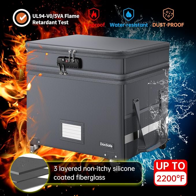 DocSafe Fireproof Document Box with Lock,2-Layer File Box with Wheels,Collapsible File Storage Organizer with Pockets,Large Portable Office Filing Cabinet for Hanging Folders,Gray,16''x13.8''x12.2'' - Image 4