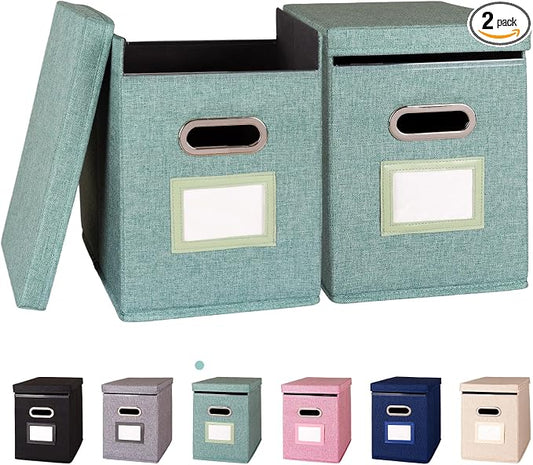 2 Pack Hanging File Folders Organizer with Lid, Letter Size Fabric File Storage Box Collapsible, Portable Office Document Holder with Metal Handle, Smooth PVC Rails, Green by ComfortKeeper