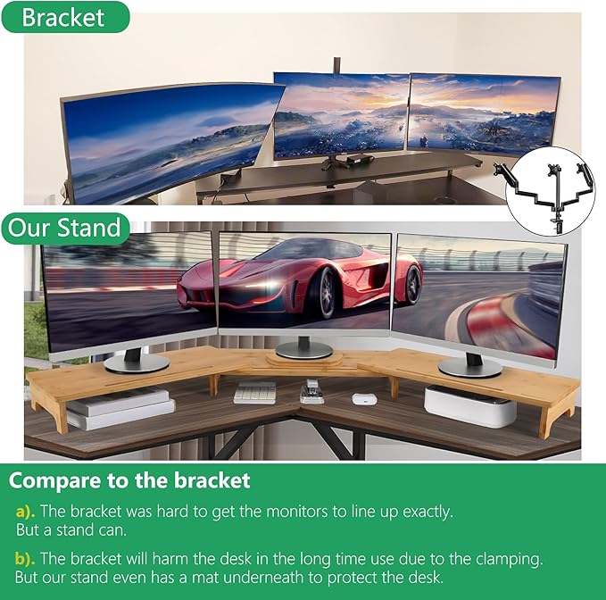 Nnewvante Monitor Stand Riser 60 inch Bamboo Dual Monitor Stand for Desk | Adjustable Length Angle, 3 Shelves Desktop Screen Riser, For Computer Laptop PC - Image 6