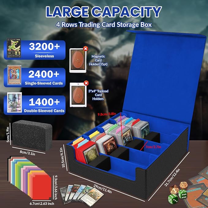 AOBOPLE 3200+ Trading Card Storage Box with Magnetic Closure, PU Leather | 4-Row Card Box,24 Dividers + 4 Foam Supports,Card Organizer For MTG TCG Magic Sports Cards,Gift For Collectors - Image 2