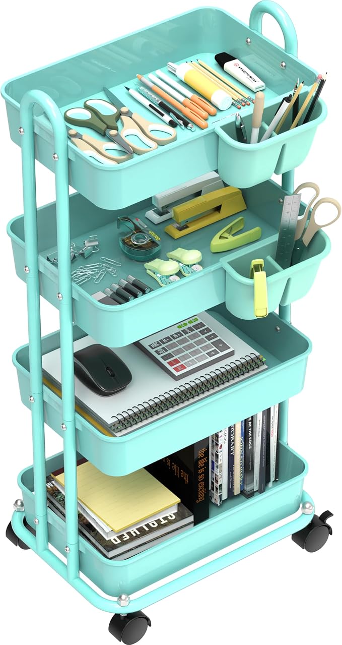 Simple Houseware 4-Tier Rolling Utility Cart with Hanging Bucket, Turquoise | Storage for Bathroom, Kitchen, Office, Study Room, Nursery Diaper - Image 2