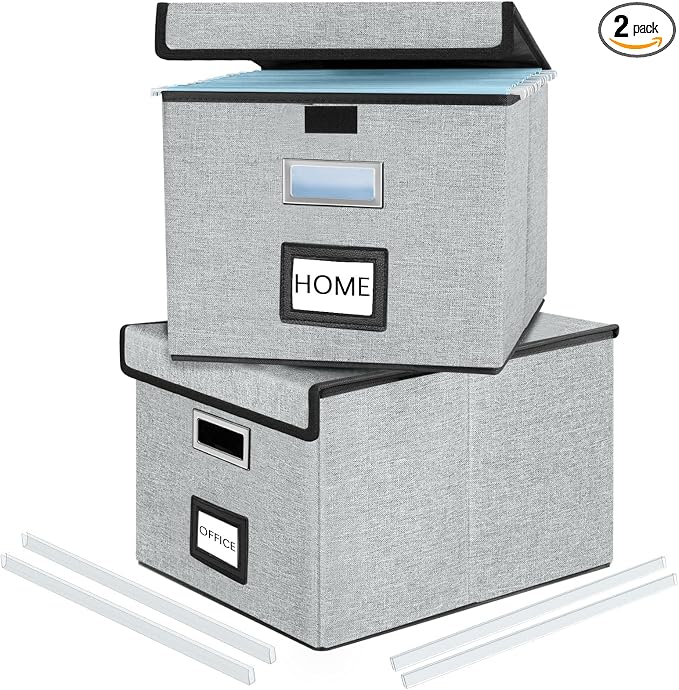 File Organizer Box with Lids, Collapsible File Folder Organizer | File Box with Plastic Slides for Office Document Storage, Filing Bin for Letter Size Hanging File Folders (2 Pack, Gray) by Huolewa