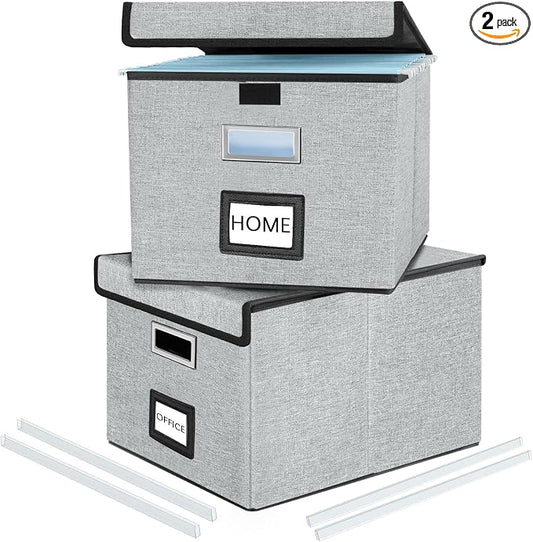 File Organizer Box with Lids, Collapsible File Folder Organizer | File Box with Plastic Slides for Office Document Storage, Filing Bin for Letter Size Hanging File Folders (2 Pack, Gray) by Huolewa