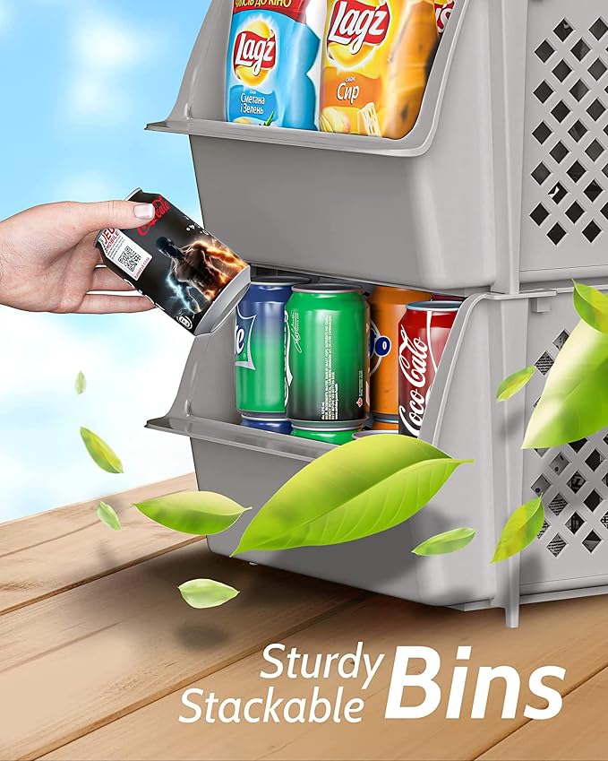 TidyFriend Stackable Storage Bins for Pantry - 8 Pack Stackable Bins for Organizing Food, Kitchen, and Bathroom Essentials (Light Grey) | Sturdy Plastic, Easy Stacking, Open Front Access, Ventilated Sides, Vertical & Space Saving Pantry Organizers and ... - Image 4