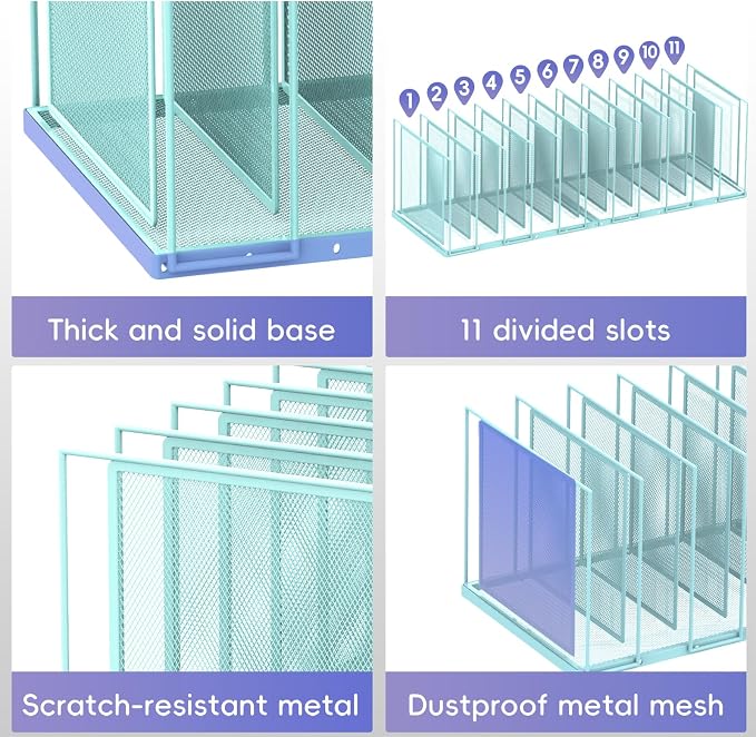 File Organizer for Desk, 11-Section Vertical File Sorter, Paper Holder Organizer Standing Metal File Folder for Office Home Classroom, Blue - Image 6