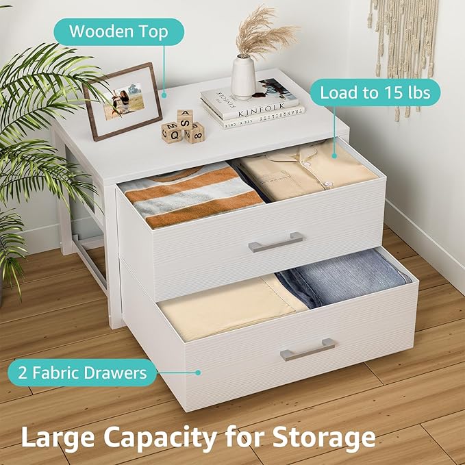 BOLUO Stackable Storage Drawers Closet Organizers and Storage Bins Fabric White 2 Drawer Dresser for Bedroom Office Modern - Image 5