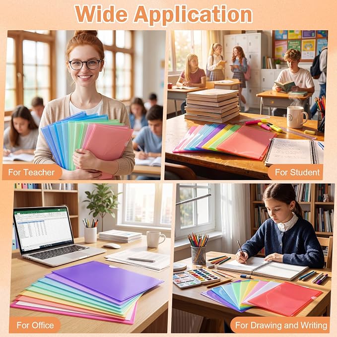 Fainne 300 Pcs Plastic Document Folders Clear File Folders Plastic Pockets Sleeves Letter Size 8.7 x 12.2 Inches A4 Assorted Colors for Office Supplies (Colorful) - Image 6