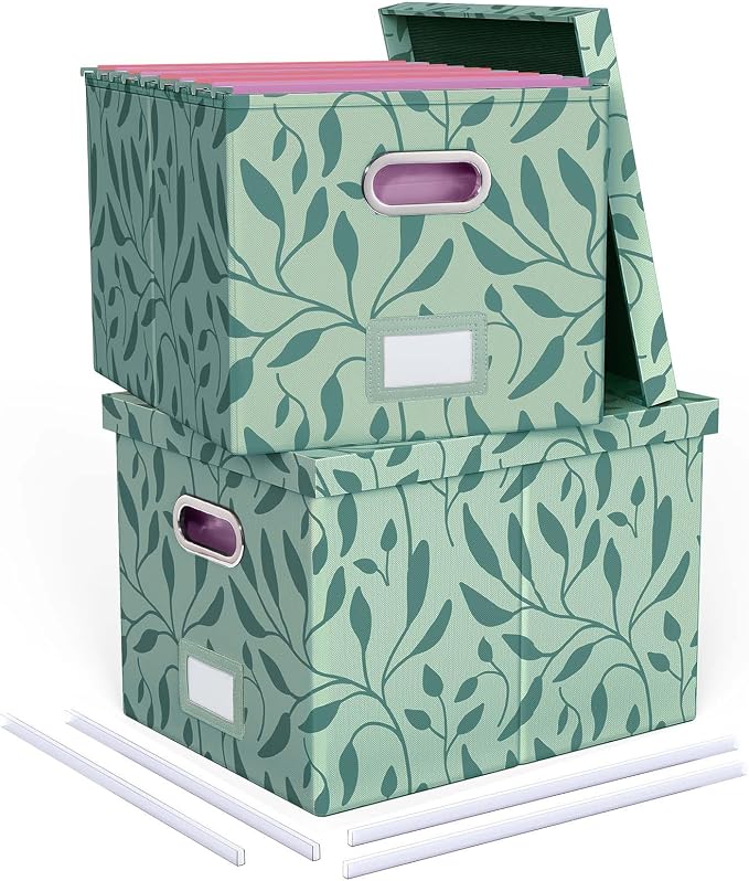 2 Pack File Storage Organizer, Document Organizer, Portable File Box with Lid, Fit for Letter/Legal File Folder Storage,Leaf Green-Box only by Oterri