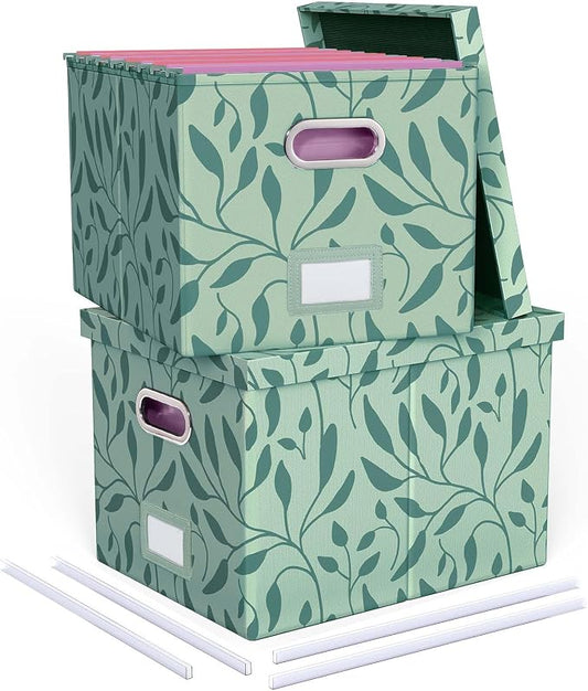 2 Pack File Storage Organizer, Document Organizer, Portable File Box with Lid, Fit for Letter/Legal File Folder Storage,Leaf Green-Box only by Oterri