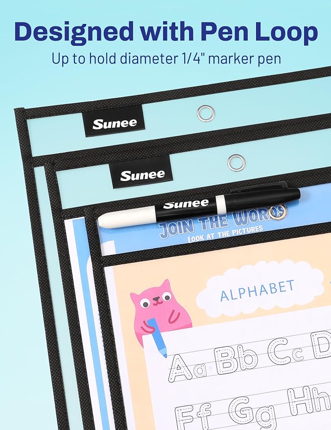SUNEE 100 Packs Oversized Reusable Dry Erase Pocket Sleeves with 5 Rings, Black 10x14 Ticket Holders, Clear Plastic Sheet Protectors, Teacher School Classroom Supplies - Image 4