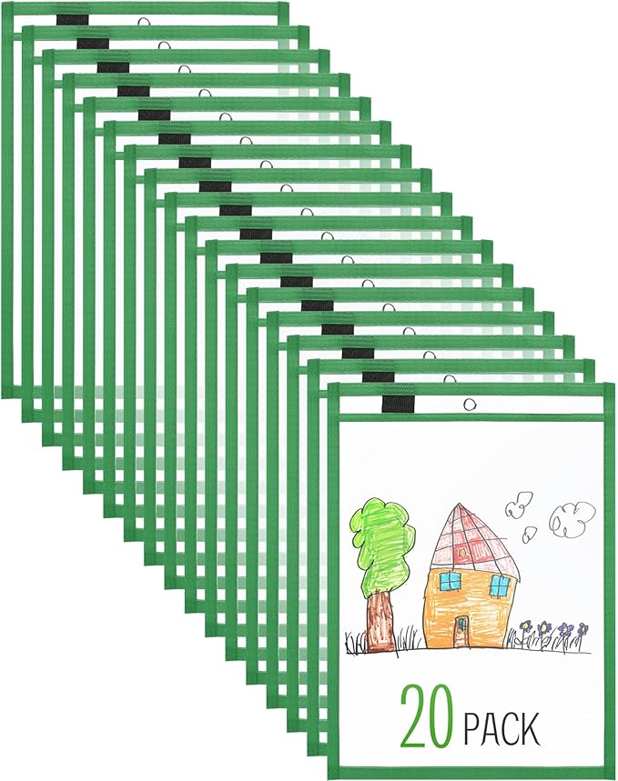 Nezyo Dry Erase Pockets Plastic Job Ticket Holders Shop Holder Order Pockets Clear Sleeves Tickets Folders Plastic Sleeves Paper Teacher Supplies for Classroom(14 x 10 in,Dark Green,20 Pcs) by Nezyo