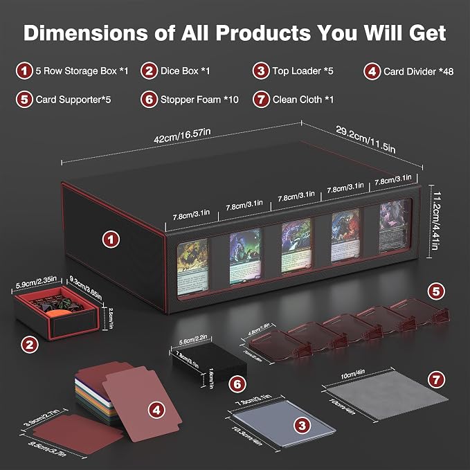 Kabinka MTG Card Storage Box with Handle & Mechanical Latch,5-Row 3900+ Commander Trading Card Case with Sealed Display Window,Top Loaders Organizer Deck Box for MTG/TCG/PTCG/Sports Cards (Black Red) - Image 4
